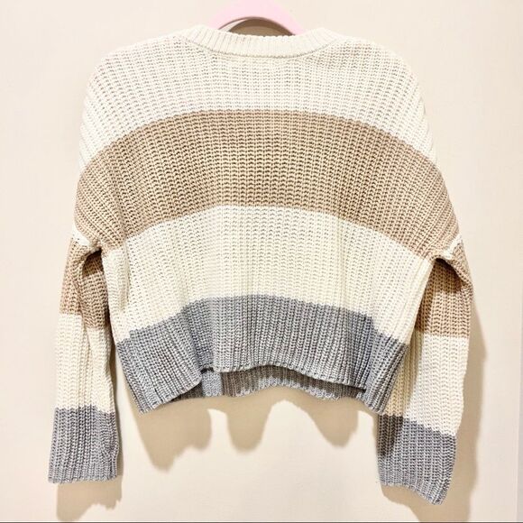Moon & Madison Cream Stripe Knited Long Sleeve Crop Round Neck Sweater XS - Picture 2 of 4